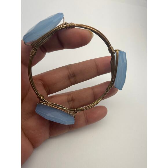 Vintage Blue Faux Stone Wrapped Wire Bangle Bracelet B18 - Picture 11 of 12